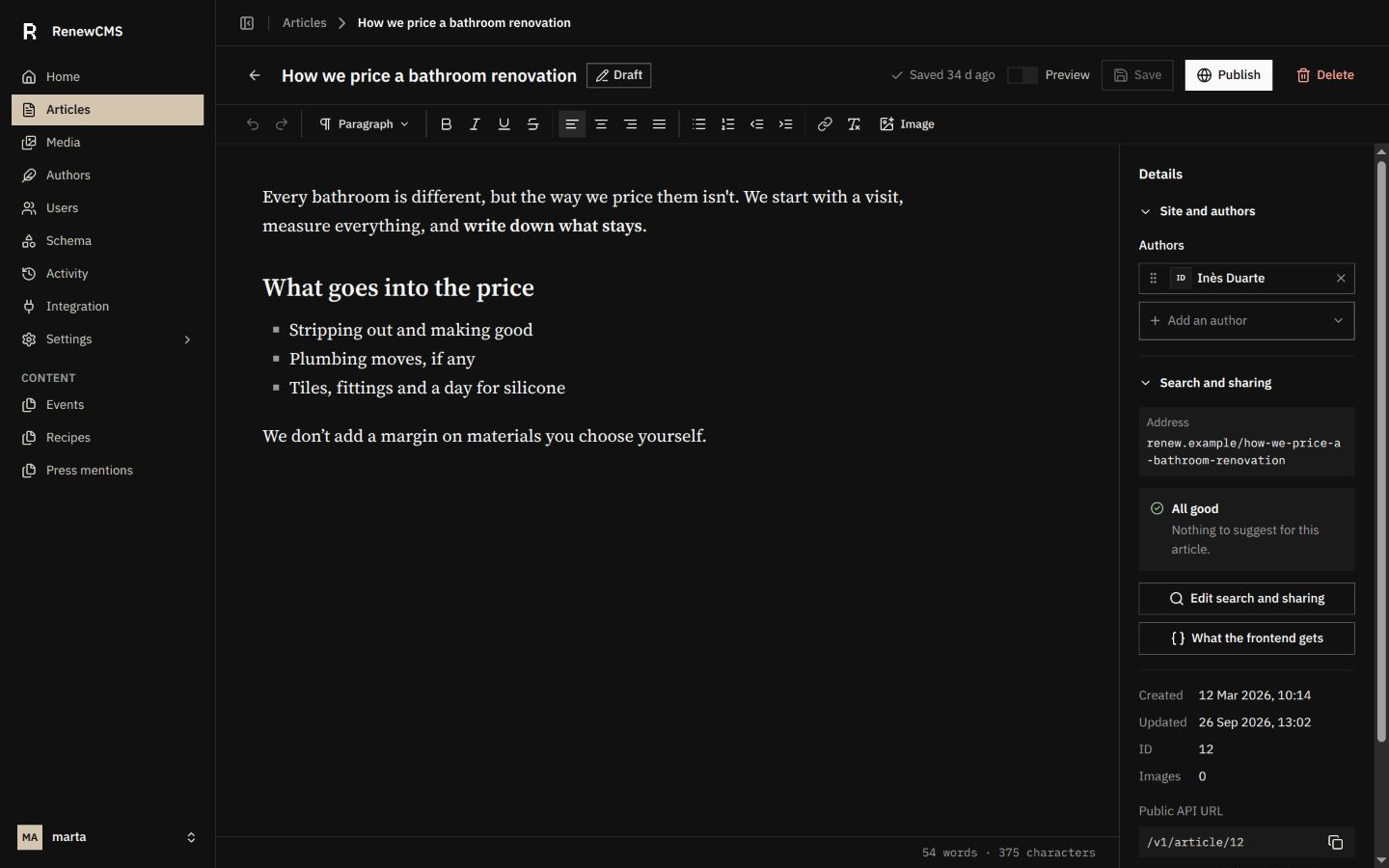 Actual RenewCMS article editor: main navigation, title and publication controls, formatting toolbar, writing area and Details sidebar.