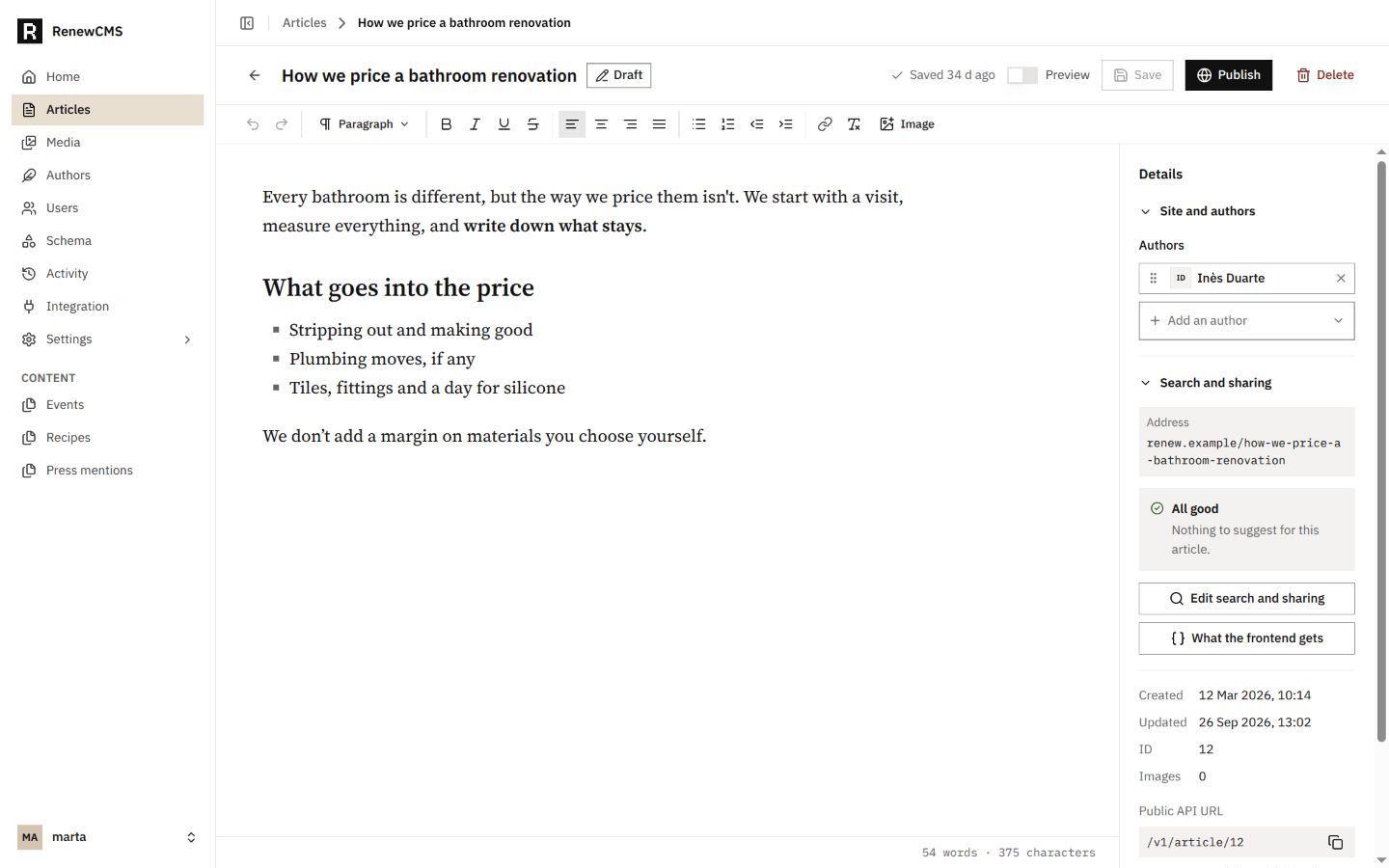Actual RenewCMS article editor: main navigation, title and publication controls, formatting toolbar, writing area and Details sidebar.