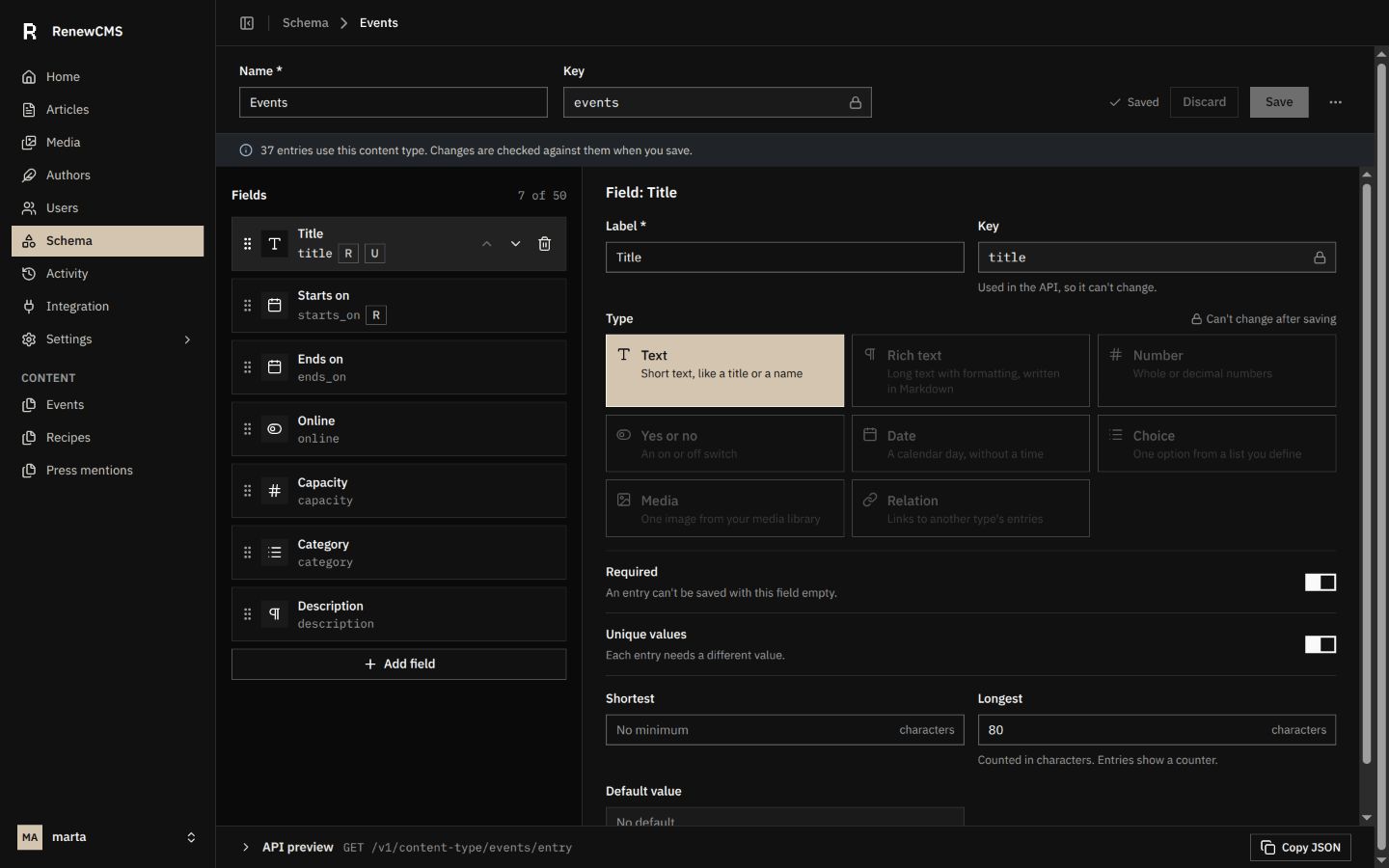 Actual RenewCMS schema builder: name and key, ordered fields, field settings and API preview.