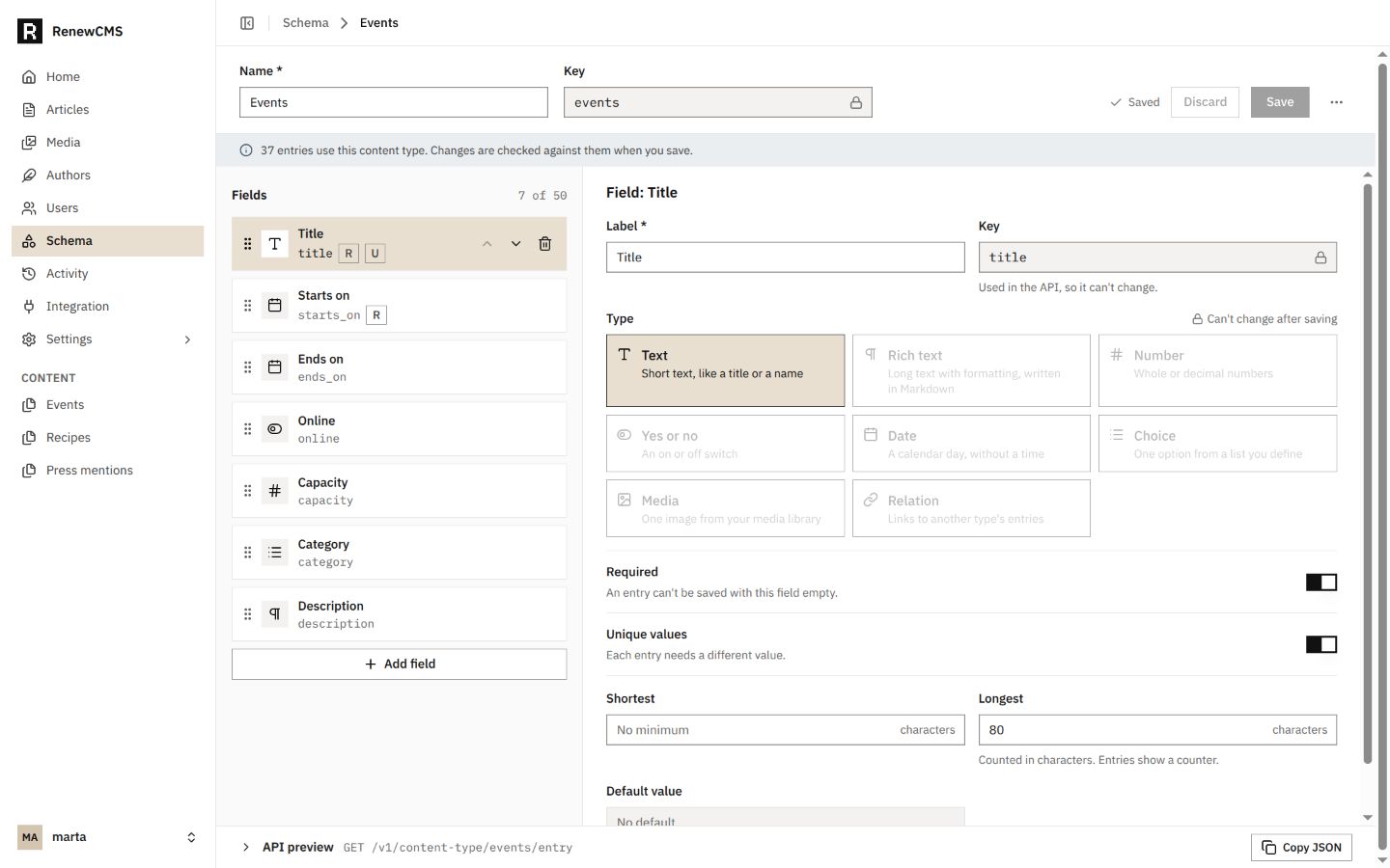 Actual RenewCMS schema builder: name and key, ordered fields, field settings and API preview.